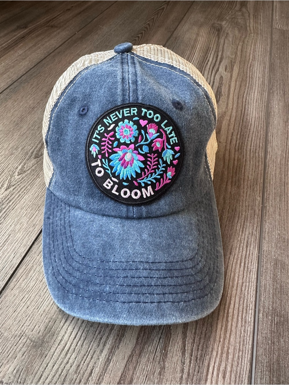 Handmade “It’s Never Too Late to Bloom” Floral Trucker Hat | Inspirational Vinta
